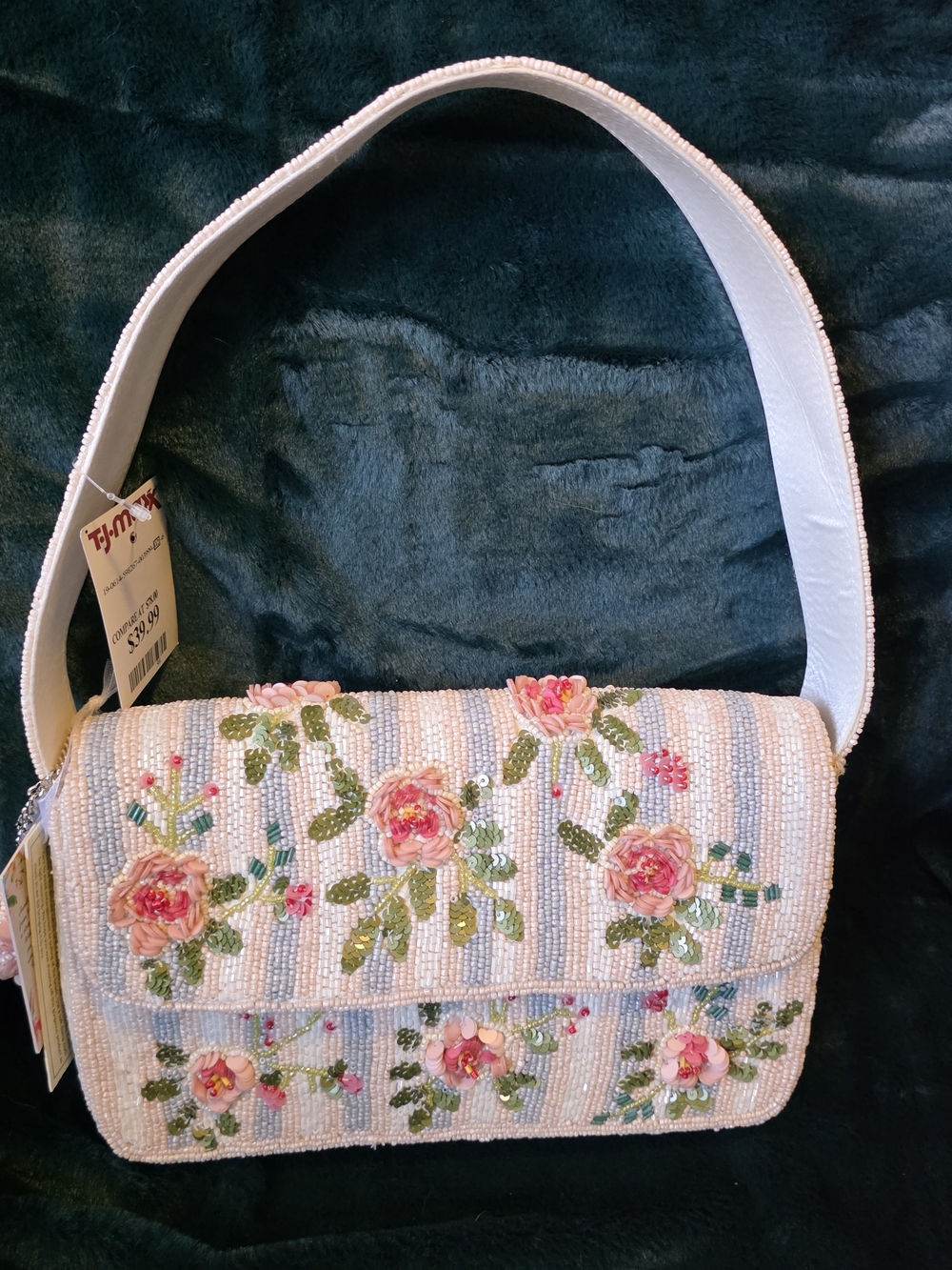 Beaded Floral Shoulder Bag With Blue & White Stripes and Pink Florals.